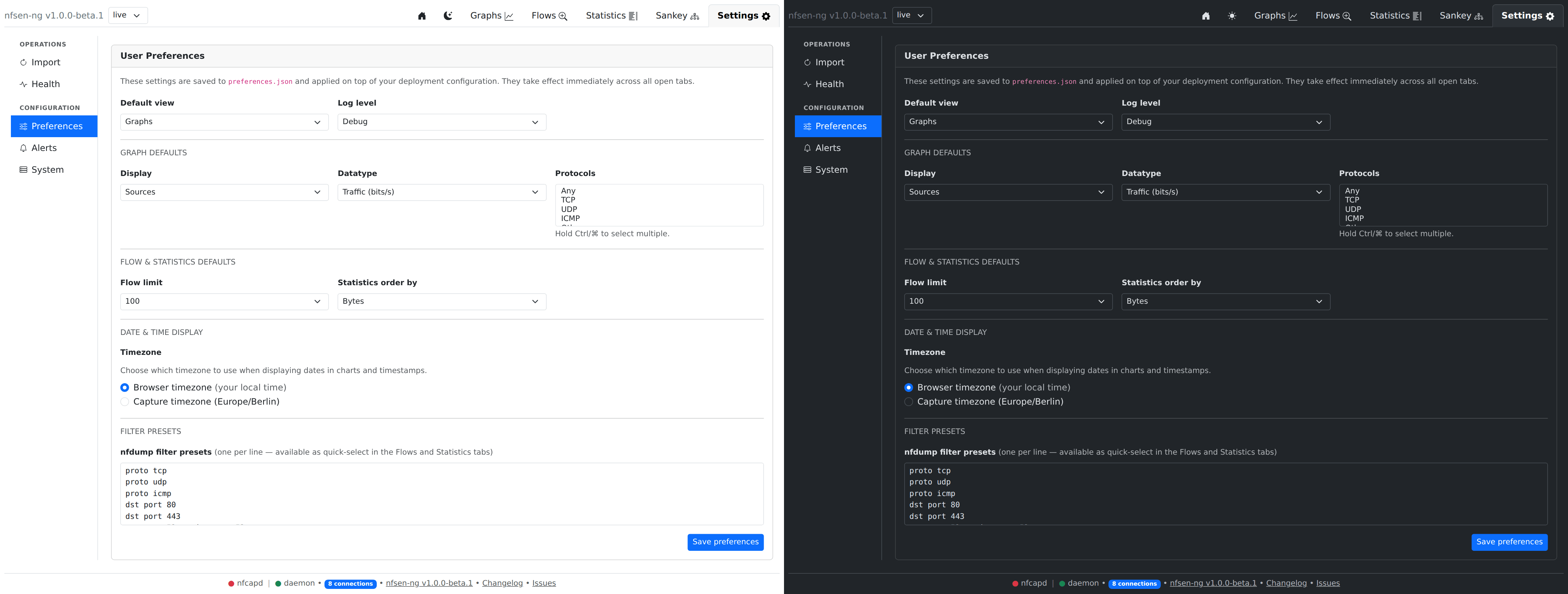 Preferences screen