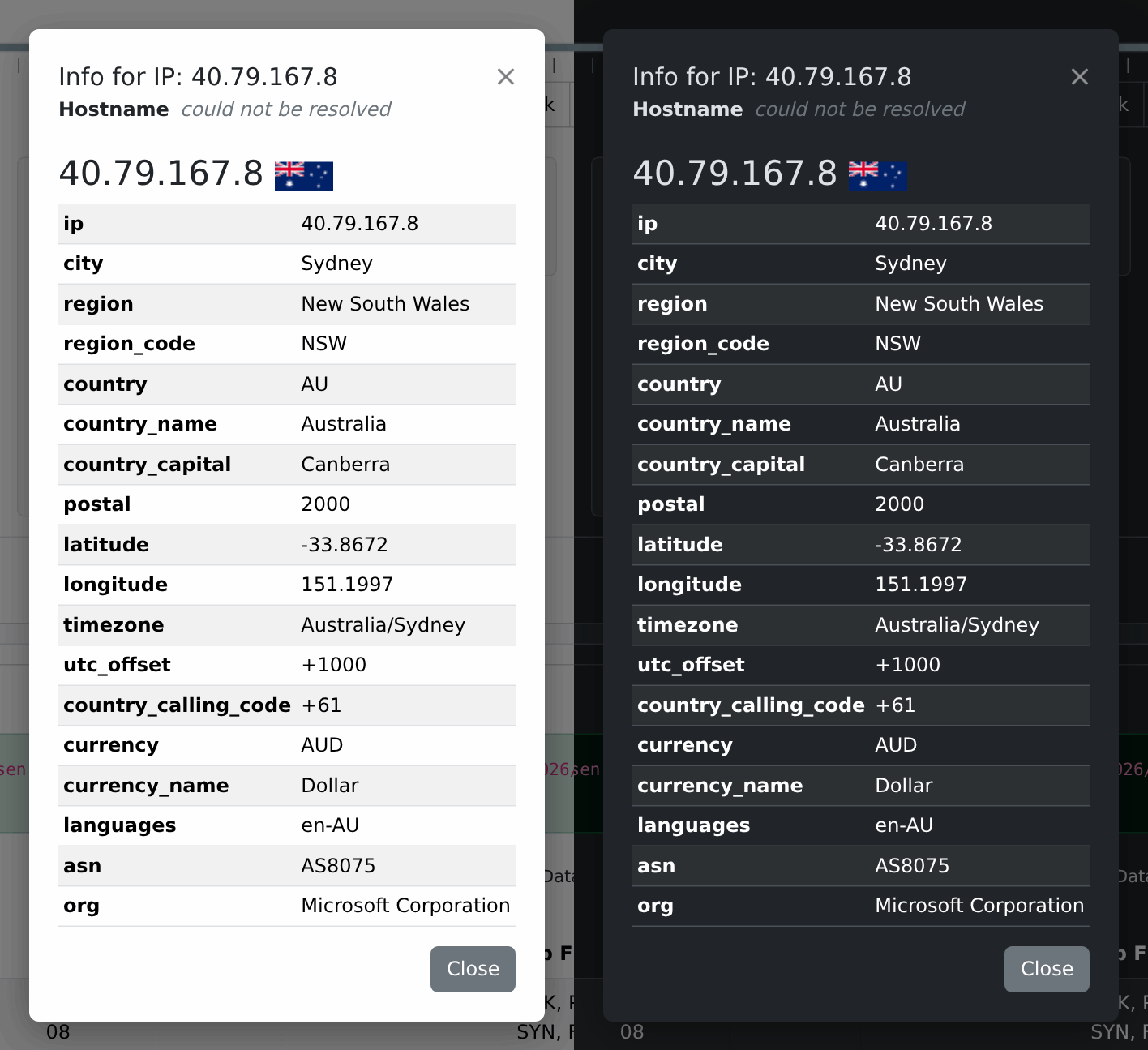 IP info popup, light and dark