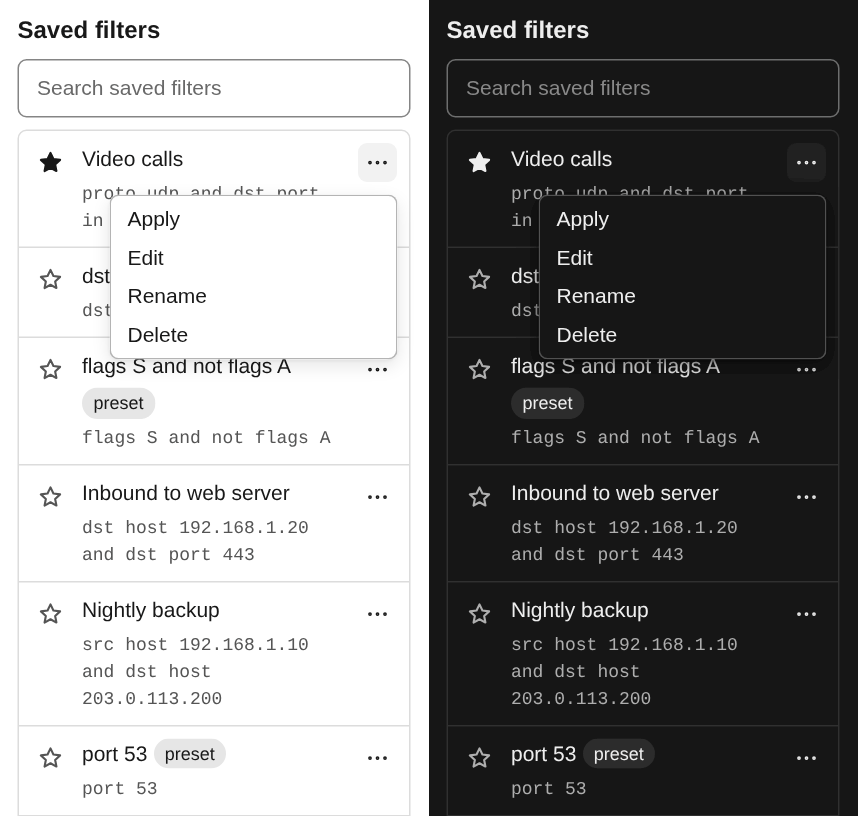 Saved filters with a filter’s menu open